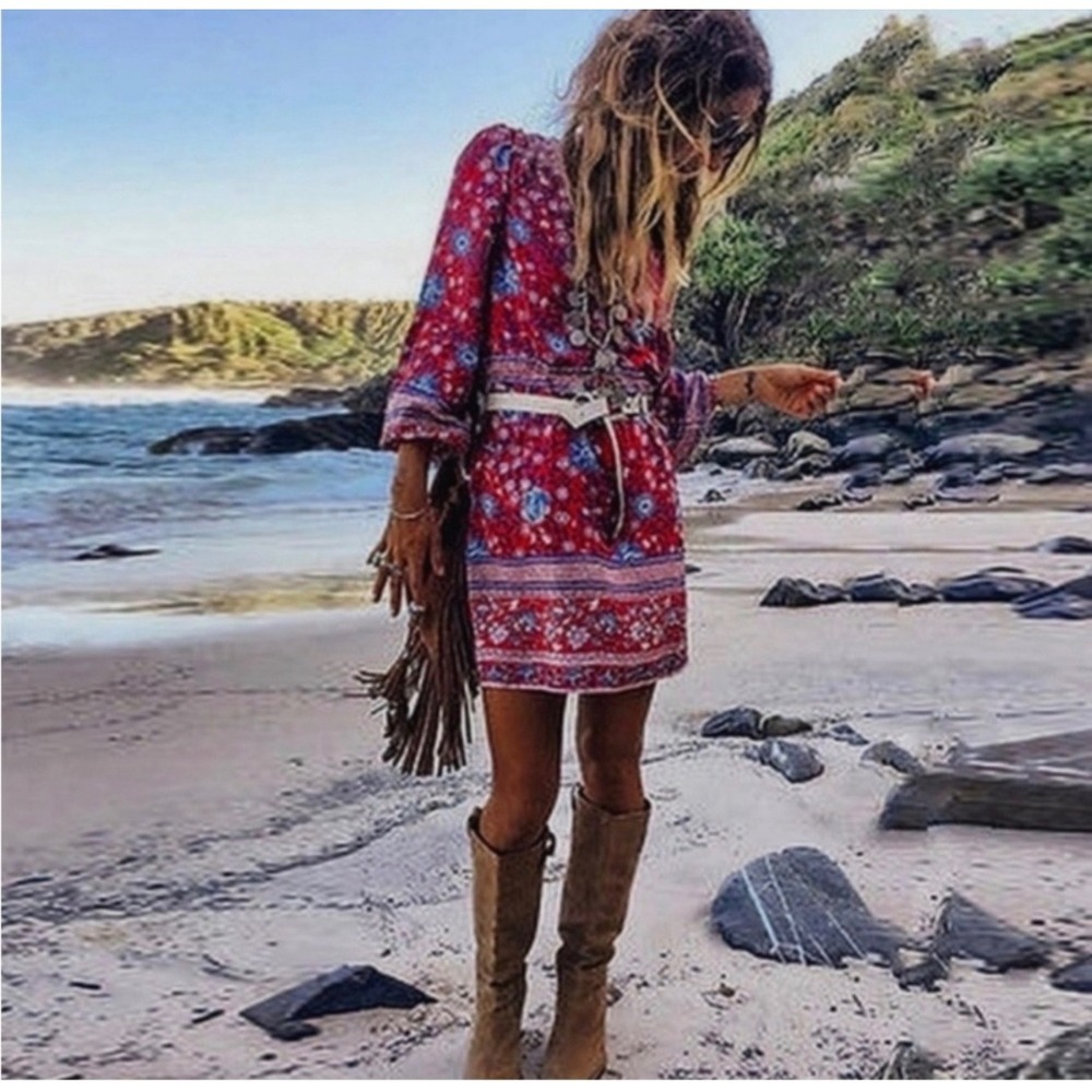 Spell & The Gypsy Folk Town Play Wine Floral Boho Mini Dress VNeck Long Sleeve M